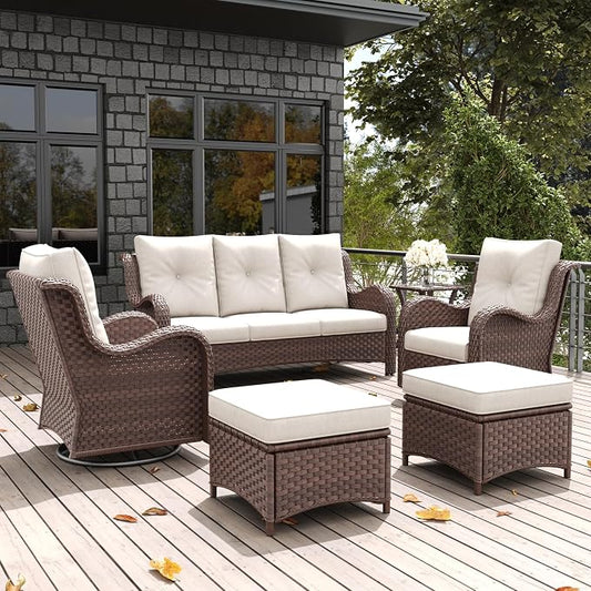 LayinSun 6 Pieces Outdoor Patio Furniture Set, Rattan Wicker Sectional Swivel Rocker Chairs Sets with Ottomans, Swivel Glider Chairs, and Coffee Table