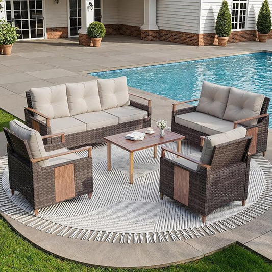 Nestnook 5 Pieces Patio Furniture Set, Outdoor Conversation Set with All-Weather Handwoven PE Wicker Sofa, Rattan Chairs and Thick Cushion, Loveseat & Coffee Table for Backyard, Deck & Poolside, Beige