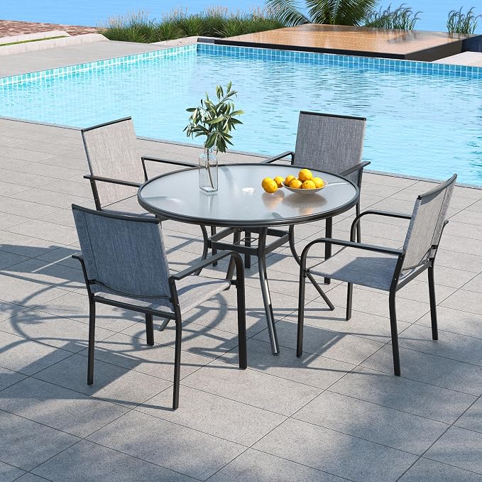 5 Piece Outdoor Patio 40" Round Glass Table and Grey Stackable Chairs Set | 4 Piece Stackable Chairs Textilene Seat and Back, Table and Chair with Metal Frame, Round Glass Table Top, 1.7" Umbrella Hole