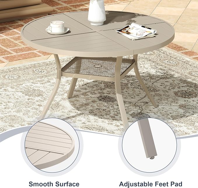 VICLLAX 47.2" Round Patio Dining Table for 4-6, All Weather Metal Outdoor Table with 1.57" Umbrella Hole and Storage Shelf for Garden Lawn Deck, Sandshell