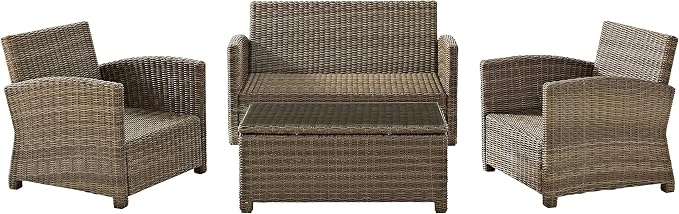 Crosley Furniture Bradenton 4-Piece Outdoor Loveseat Patio Furniture Set, Wicker Conversation Sets for Porch, Brown with Sangria Cushions