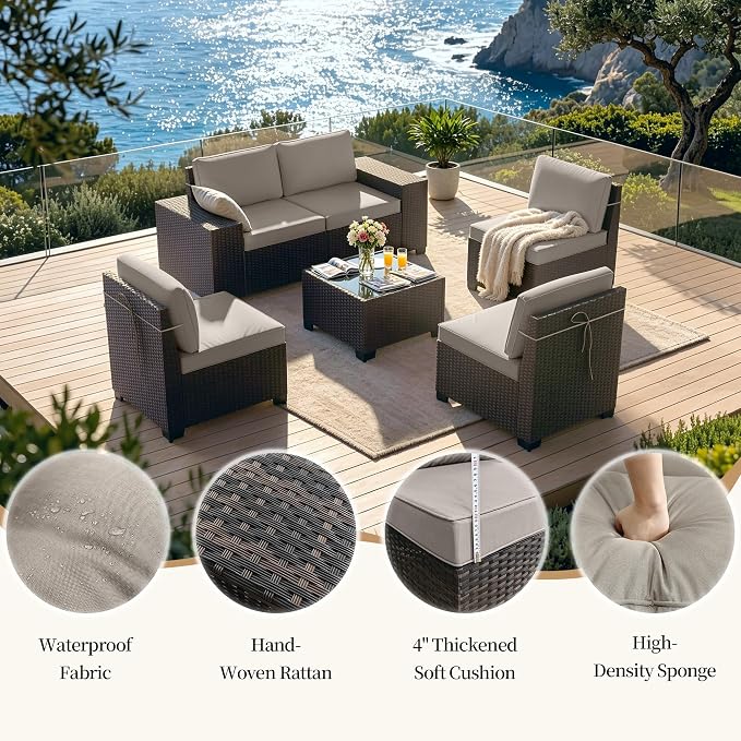Patio Furniture Set 6 Pieces Outdoor Sectional Sofa Set,PE Rattan Wicker Patio Conversation Set with Thickened Cushions and Glass Coffee Table,Sand