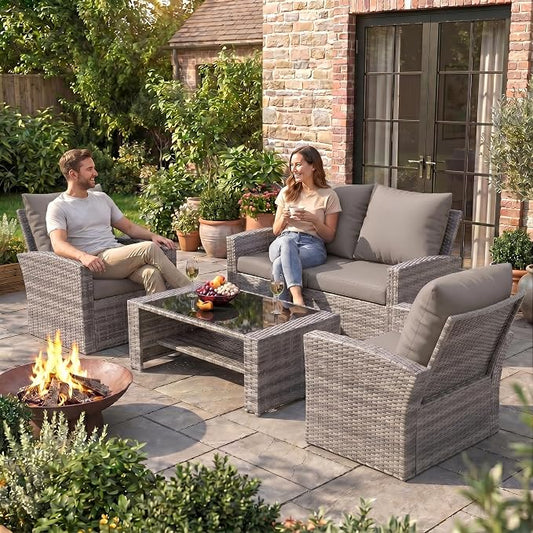 UDPATIO Patio Furniture Set, Outdoor Furniture Sets with Loveseats Sofa, Wicker Rattan Outdoor Conversation Set with Storage CoffeeTable for Backyard, Deck, Porch, Grey/Grey