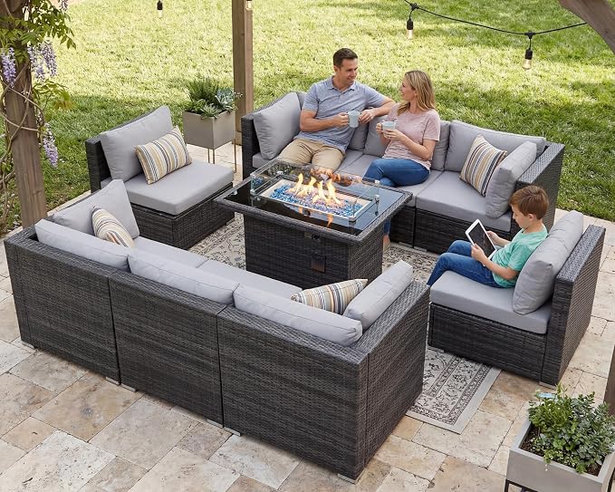 RADIATA 9 Piece Wicker Patio Furniture Set with Fire Pit, All-Weather Outdoor Sectional Couch High Back Large Size, Modular Backyard Seating Sofa Set with Propane/Natural Gas Firepit Table, Light Grey