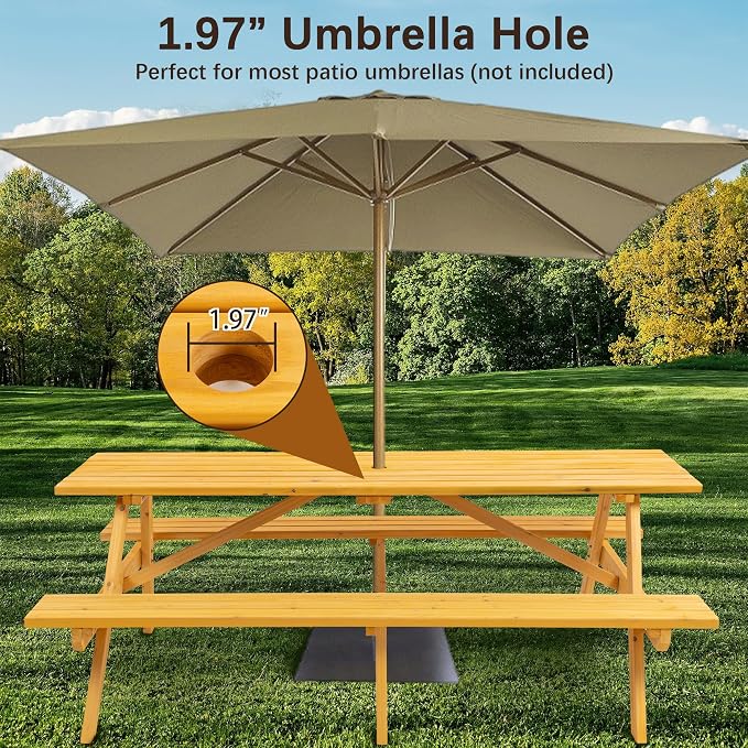 8 Person Rectangle Picnic Table, Outdoor Picnic Table with 2 Benches, Umbrella Hole, Outside Wood Picnic Table and Bench Set for Patio, Backyard, Garden, Porch, 2220lb Capacity - Yellow
