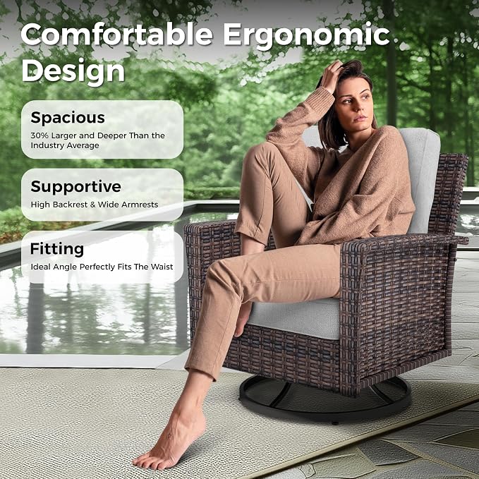 MIXPATIO Swivel Patio Wicker Chairs Set of 2, High Back Outdoor Swivel Patio Rattan Chairs with 5.5" Thick Cushions for Bistro Balcony Porch Deck and Yard, Light Grey
