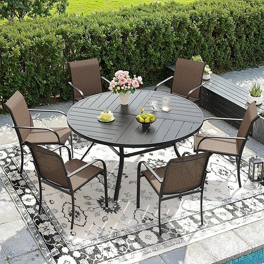 DIFY 7 Pieces Outdoor Patio Dining Set for 6, 50" Black Round Metal Dining Table and 6 Brown Stackable Sling Dining Chairs, Outdoor Table and Chairs for Lawn Garden Backyard Deck