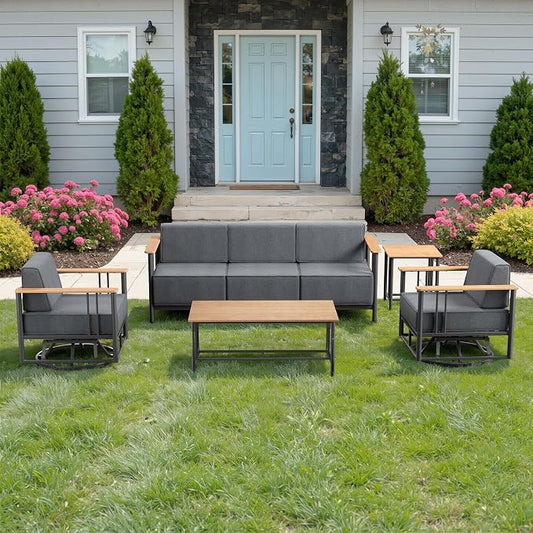Luxury Outdoor Furniture Set with Swivel Chairs, 5 PCS Patio Furniture Set with 6" Extra Thick Cushions, Suitable for Porch, Balcony, Deck, Patio, Yard, Poolside, Black/Grey