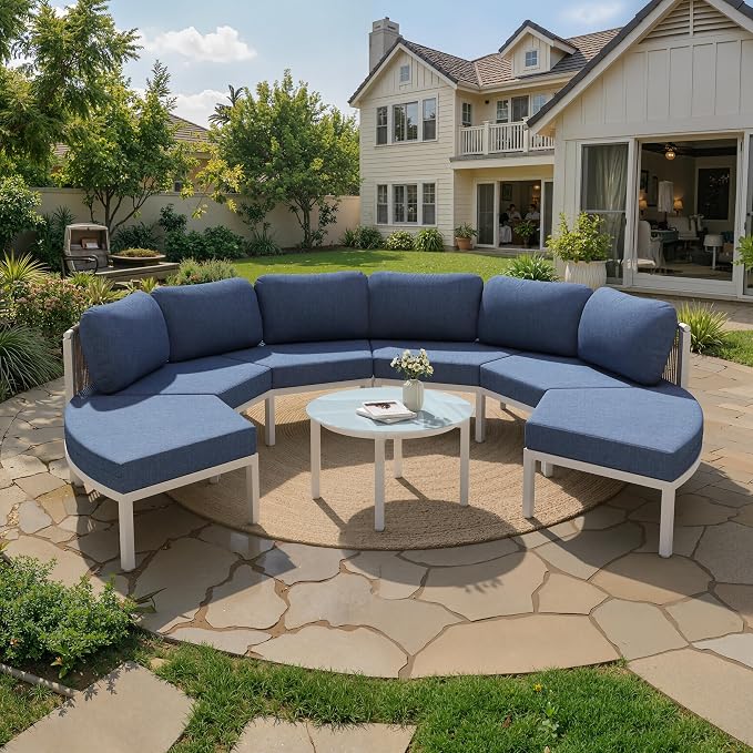 Crestlive Curved Patio Furniture Set, Modular Half Moon 6-Seater Sofa with Round Coffee Table, Aluminum Outdoor Sectional with 4.3" Cushions, All-Weather Couch for Backyard, Deck, Porch, Poolside