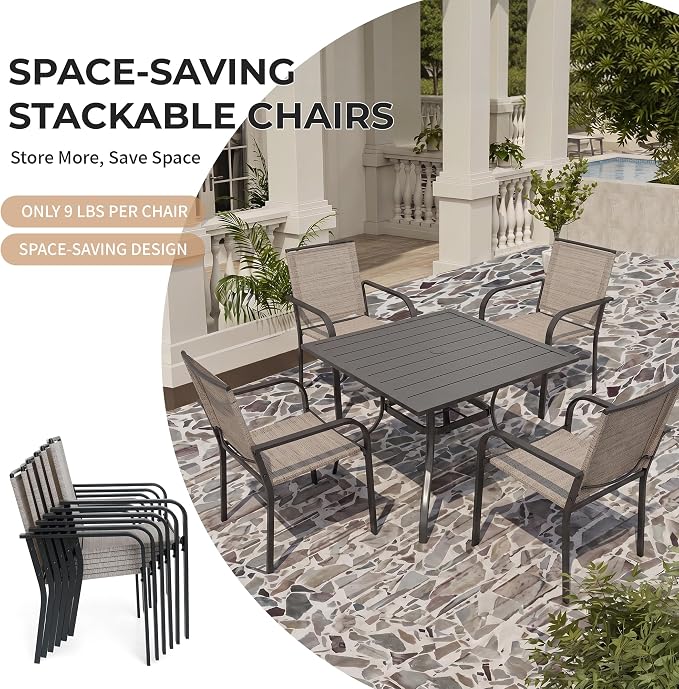 Anmutig 5-Piece Outdoor Dining Set, 35" Square Table with 1.57" Umbrella Hole, 4 Stackable Chairs, Black Steel Frame Beige White Fabric