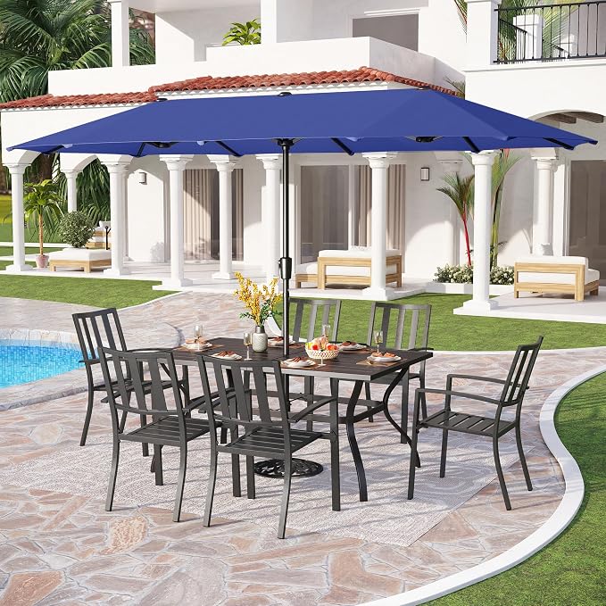 PHI VILLA 7 Pcs Patio Dining Set w/Umbrella, 6 Stackable Chairs | 60” Rectangular Metal Dining Table & 6 Stackable Metal Chairs & 13ft Large Navy Umbrella for Outdoor, Deck, Yard, Porch