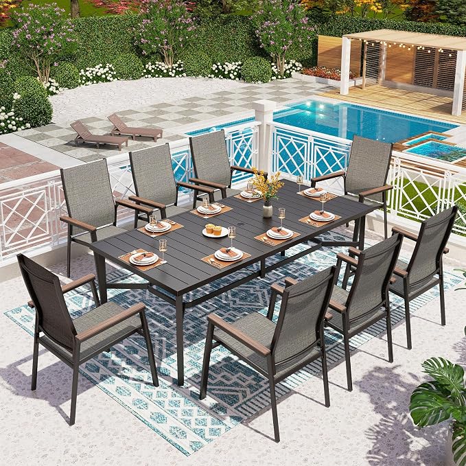 PHI VILLA Outdoor Dining Set for 8 w/Metal Table & Aluminum Chairs, Grey | Stackbale chairs, Breathable & quick-drying, Light-weight & space-saving, Rectangular Table, Umbrella Hole, Patio deck