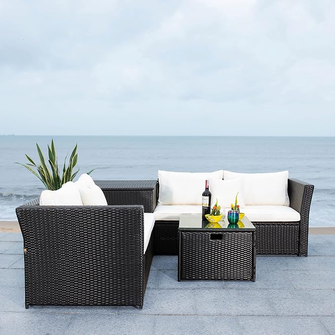 SAFAVIEH Outdoor Collection Helga Black/Beige Wicker Conversation Patio Set