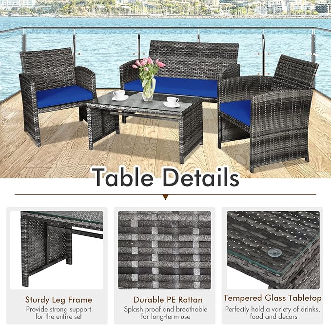 Outdoor Conversation Set, 8 Pieces Wicker Patio Chair Set with Ergonomic Curved Design, Water-Resistant Cushion & Tempered Glass Table for Balcony,Porch(Navy Blue)