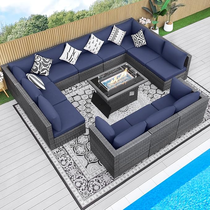 BULEXYARD 13 Piece High Back Outdoor Furniture Sets with Fire Pit, Luxury Patio Sectional Couch Sofa 12-Seater Modular, Comfortable Extra Large Wide Deep Backyard Seating Conversation Set, Grey & Blue