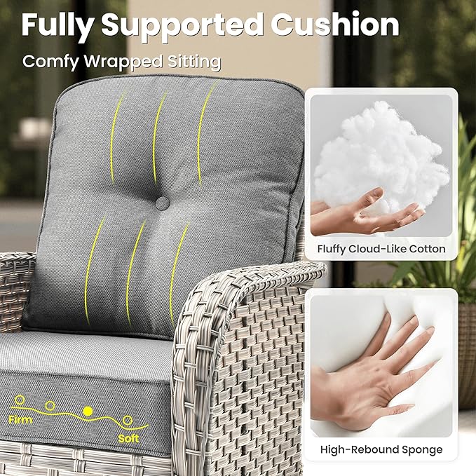 ovios 9-Piece Patio Furniture Set with L-Shape Sofa Chaise, Outdoor Sectional Couch Swivel Gliders Fire Pit Table, Modern Modular Wicker Rattan Conversation Set, Dark Grey