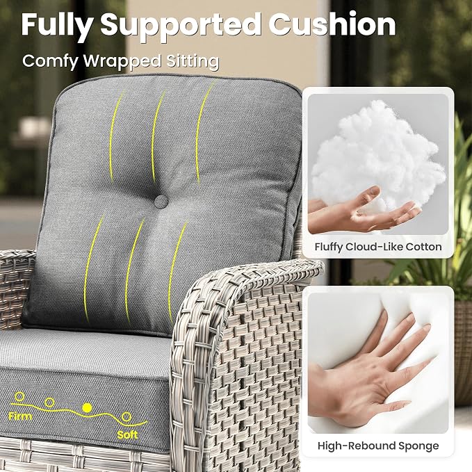 ovios 8-Piece Patio Furniture Set with L-Shape Sofa Chaise, Outdoor Sectional Couch Swivel Gliders Fire Pit Table, Modern Modular Wicker Rattan Conversation Set, Dark Grey