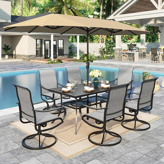 Sophia & William Patio Set with Umbrella 8 Pieces Outdoor Dining Set for 6 with 13ft Umbrella Beige, 6 x Grey Swivel Patio Chairs with 59" Dining Table for Lawn Garden (No Umbrella Base)