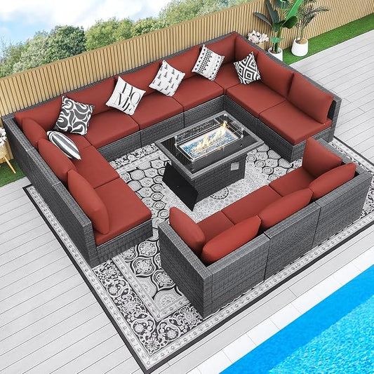 BULEXYARD 13 Piece High Back Outdoor Furniture Sets with Fire Pit, Luxury Patio Sectional Couch Sofa 12-Seater Modular, Comfortable Extra Large Wide Deep Backyard Seating Conversation Set, Grey & Red