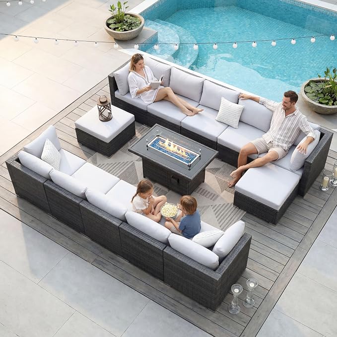 NICESOUL 13 Piece Modern Outdoor Patio Furniture Set with Firepit Natural Gas Propane Convertible, 29.3'' High Back Extra Large Size Wicker Conversation, Deep Wide Comfortable Couch for Outside, Grey