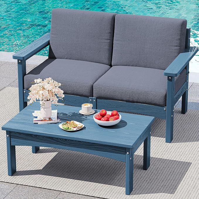 SERWALL HDPE Patio Sofa Set, 3 Pieces Conversation Set, All-Weather Outdoor Couch Sectional Sofas with Removable Cushions and Coffee Table for Deck, Garden, Poolside, Blue Frame with Grey Cushion