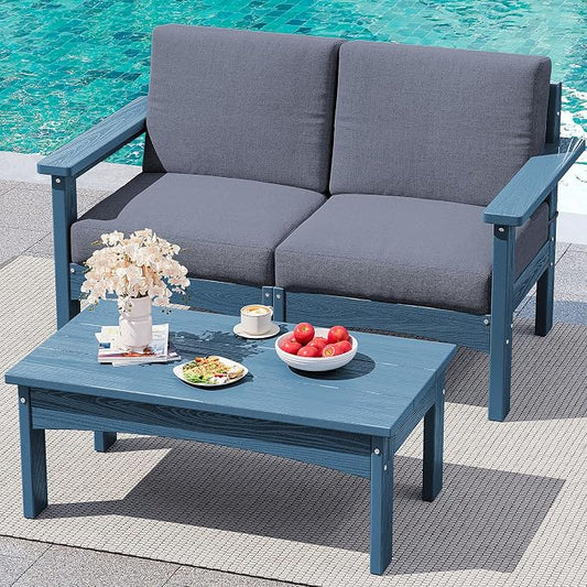 SERWALL HDPE Patio Sofa Set, 3 Pieces Conversation Set, All-Weather Outdoor Couch Sectional Sofas with Removable Cushions and Coffee Table for Deck, Garden, Poolside, Blue Frame with Grey Cushion