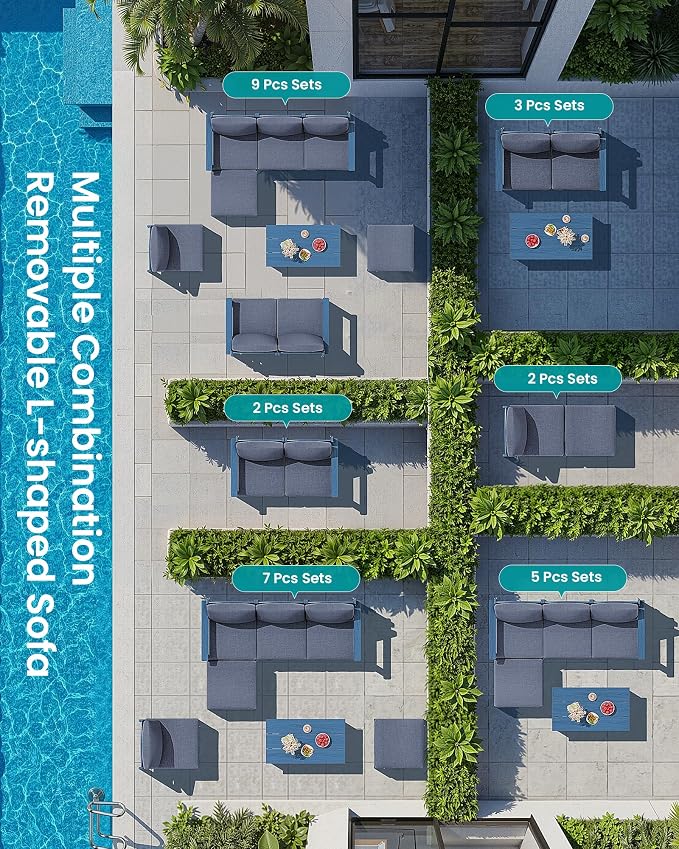 SERWALL 5-Piece Patio Sofas, All-Weather HDPE Outdoor Sectional Sofa with Cushions and Coffee Table, Large Modular Patio Conversation Set for Garden, Lawn, Deck, Porch, Blue Frame with Grey Cushion