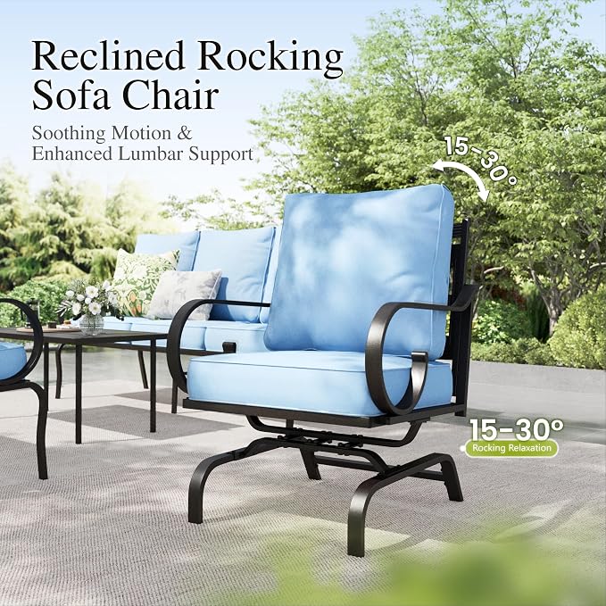 Sophia & William Patio Conversation Set for 5, 3-Seater Sofa, 2 Rocking Chairs and a 45" Fire Pit Table, Metal Outdoor Furniture with 5.75" Extra Thick Cushions, Blue