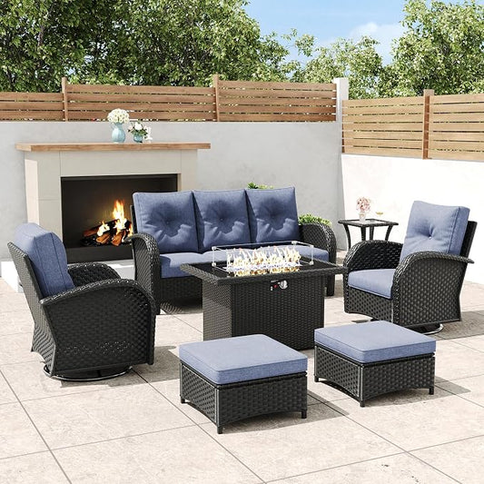 7 Pieces Outdoor Wicker Patio Swivel Rocking Chairs, All Weather Wicker Conversation Set with 44" Fire Pit Table