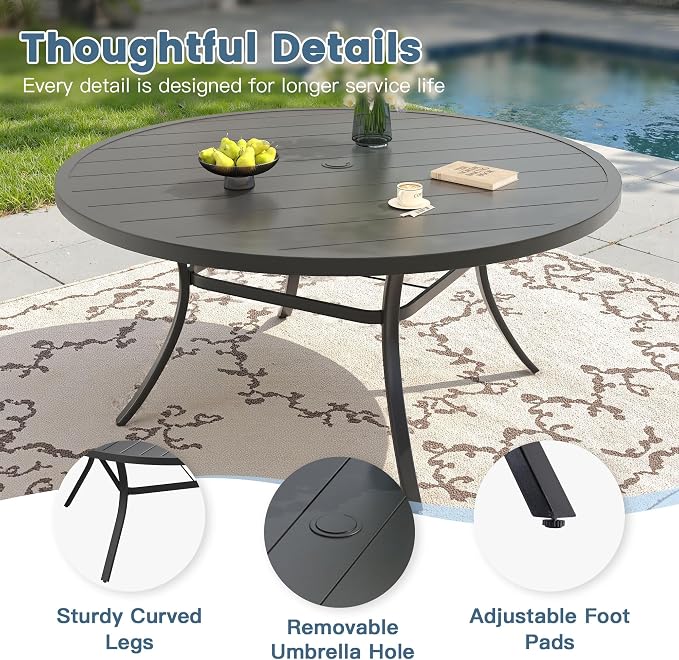 DIFY 9 Pieces Outdoor Dining Set for 8, 63" Black Round Metal Table with Umbrella Hole and Brown Textilene Swivel Patio Chairs, Patio Table and Chairs Set for Garden, Backyard, Poolside
