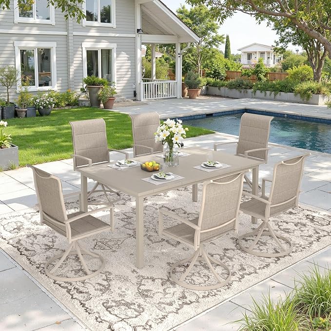 DIFY 7 Piece Outdoor Patio Dining Set for 6, 63" Rectangle Metal Dining Table and Swivel Patio Chairs with Padded Textilene, All-Weather Outdoor Furniture Set for Garden Backyard Porch, Sandshell