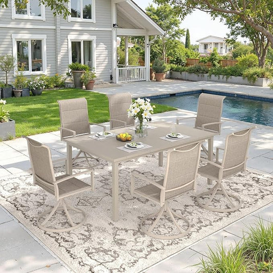 DIFY 7 Piece Outdoor Patio Dining Set for 6, 63" Rectangle Metal Dining Table and Swivel Patio Chairs with Padded Textilene, All-Weather Outdoor Furniture Set for Garden Backyard Porch, Sandshell