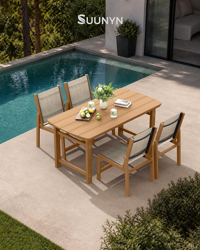 HDPE Outdoor Patio Dining Set with Table & 4 Stackable Armless Textilene Chairs, All-Weather 5-Piece Dining Table Set with Umbrella Hole, Patio Furniture for Garden, Poolside, Backyard, Deck | Teak