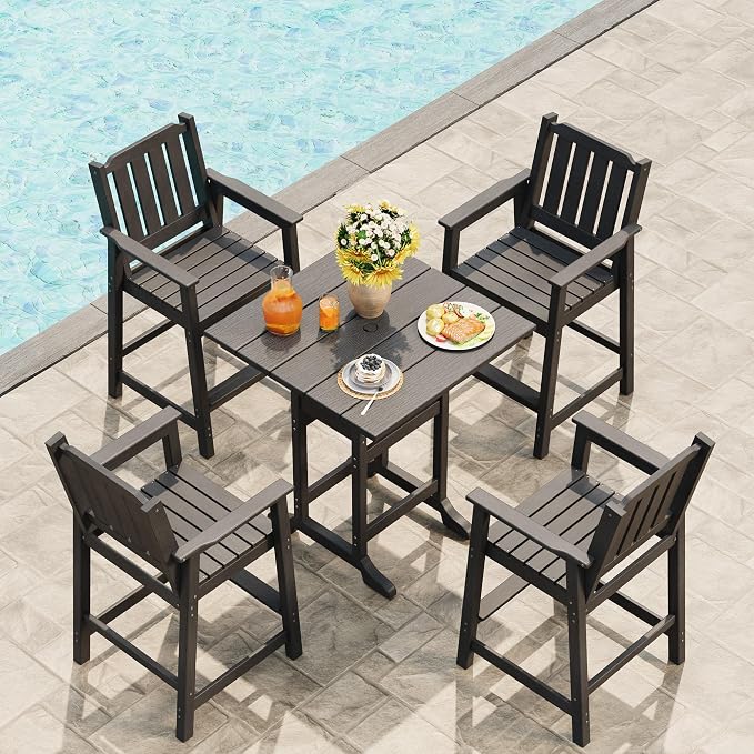 Takywep Set of 4 HDPE Wood Grain Outdoor Bar Stools, 27.7" High Counter Height Chairs with Armrests and Back, Weatherproof Pub Seating for Patio, Balcony, Garden, Deck, Backyard, Dark Grey