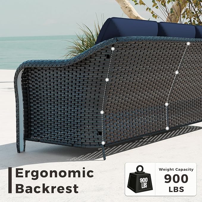 5 PCS Outdoor Conversation Set | 78" Couch, 2 Chairs, 2 Ottomans, Patio Wicker Conversation Furniture with Removable Cushions for Bistro, Deck, Sunroom (Navy Blue)