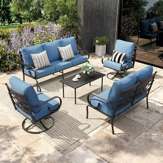 Sophia & William Patio Conversation Set for 7, 1 Loveseat, 3-Seater Sofa, 2 Swivel Chairs and a Coffee Table, Metal Outdoor Furniture with 5.75" Extra Thick Cushions, Navy