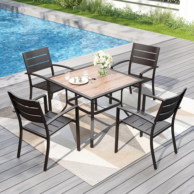 PHI VILLA Patio Dining Set for 4, Stackable Chairs& Square Metal Table | 37" Black Table&Stackable Wrought Iron Chairs,Outside Furniture Set for Deck, Porch, Backyard
