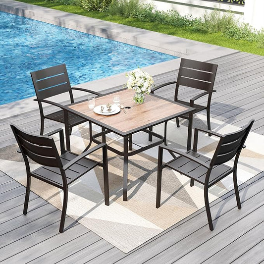 PHI VILLA Patio Dining Set for 4, Stackable Chairs& Square Metal Table | 37" Black Table&Stackable Wrought Iron Chairs,Outside Furniture Set for Deck, Porch, Backyard
