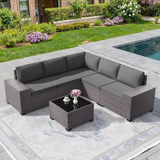 6 PCS Outdoor Patio Furniture Set,Outdoor Sectional Furniture All Weather PE Rattan Wicker Patio Conversation Set with Coffee Table and 5 Thickened Cushions,Grey