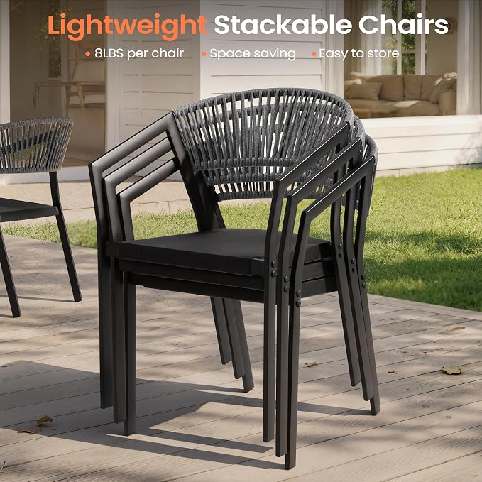 Pellebant Aluminum 13-Piece Outdoor Dining Table Set for 8-12 Person | Patio Stackable Chair with U-Shaped Wicker Backrest, 118" Table with Wood-Grain Top & Umbrella Hole, Aluminum Frame Furniture