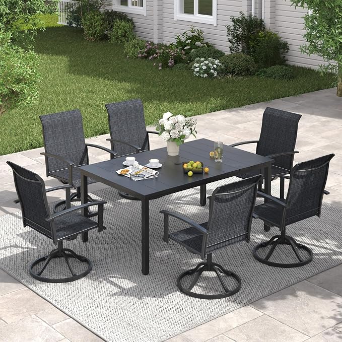 VICLLAX Outdoor Table and Chairs Set of 6, 7 Pieces Metal Patio Dining Set-63 Rectangle Dining Table and 6 Swivel Chairs for Lawn and Garden, Black Tabletop and Chairs