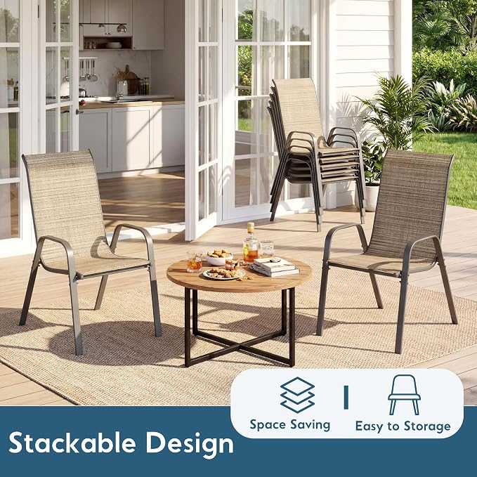 Arlopu 7-Piece Outdoor Table and Chairs for 6, Outdoor Dining Set W/Rectangle Glass Table and Patio Textilene Stackable Chairs, Patio Furniture Set W/Umbrella Hole (Black Table & Brown Chair)