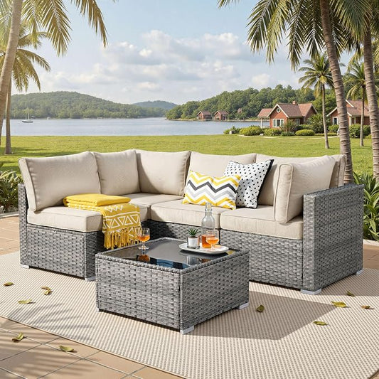 ovios Outdoor 5 Piece Coversation Set with Coffee Table,Sectional Patio Furniture Set with All-Weather Wicker Sofa,Modern Outside Couch for Balcony Backyard Pool, Beige