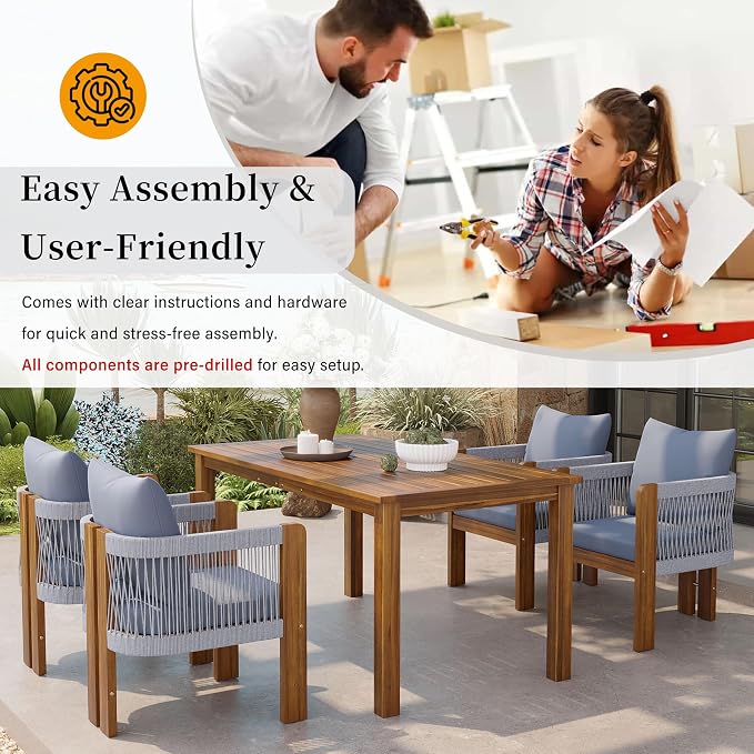 Acacia Wood Patio Dining Set for 4, All-Weather Outdoor Dinning Set Conversation Set with 4 Rope Woven Chairs and Cushions for Garden Backyard Balcony (Brown,Gray)