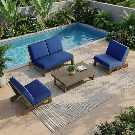 All Weather Patio Furniture Sets, 4 Pieces Teak Wood Outdoor Sectional Futniture Patio Sofa Chair Backyard Conversation Set with Solid Wooden Coffee Table - Navy Blue