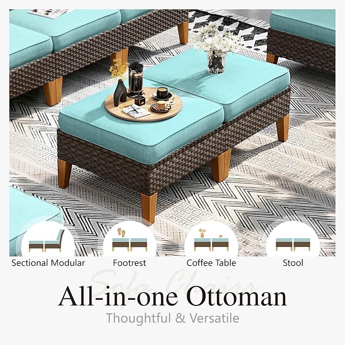 Sophia & William Outdoor Wicker Sectional Sofa Set, 7 Piece Half Moon Curved Patio Furniture Modern Round Outdoor Couch Conversation Set with Ottoman for Backyard, Pool, Garden(Aqua Blue)