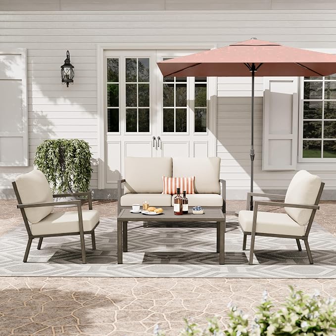HAPPATIO Aluminum Patio Furniture Set, 4 Pieces Conversation Set with Thick Cushions and Coffee Table, All Weather Loveseat Waterproof and Rustproof for Garden, Backyard, Porch, Grey