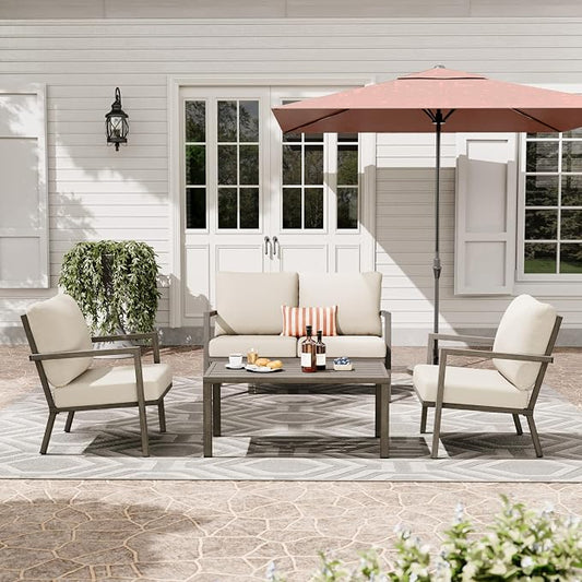 HAPPATIO Aluminum Patio Furniture Set, 4 Pieces Conversation Set with Thick Cushions and Coffee Table, All Weather Loveseat Waterproof and Rustproof for Garden, Backyard, Porch, Grey