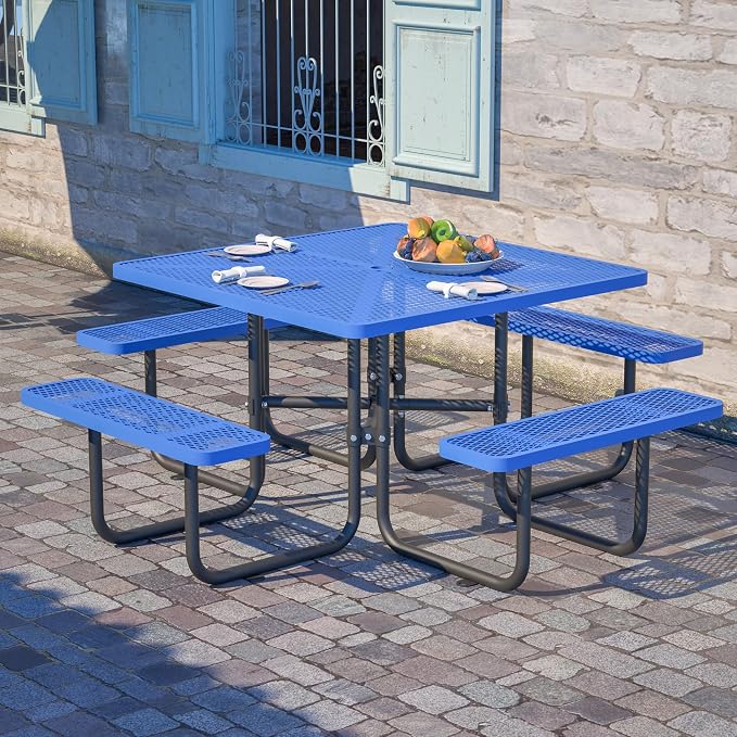 46'' Heavy Duty Outdoor Picnic Table - Commercial Grade Square Steel Picnic Table Set, Umbrella Hole, Rust-Resistant Metal Mesh Tabletop for Patio, Garden, Park, BBQ - Blue