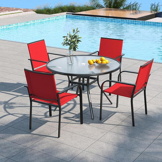 5 Piece Outdoor Patio Dining Set with 40" Round Glass Table, Red Chairs | 4 Piece Stackable Chairs Textilene Seat and Back, Table and Chair with Metal Frame, Round Glass Table Top, 1.7" Umbrella Hole